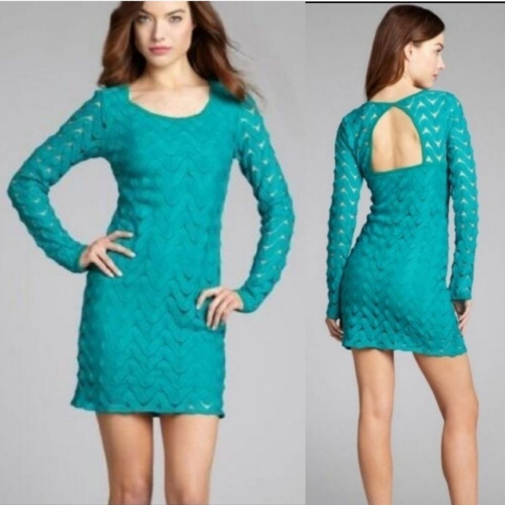 Free People Crochet Style Bodycon Open Back Dress Teal Blue Green Size Small - Picture 1 of 13